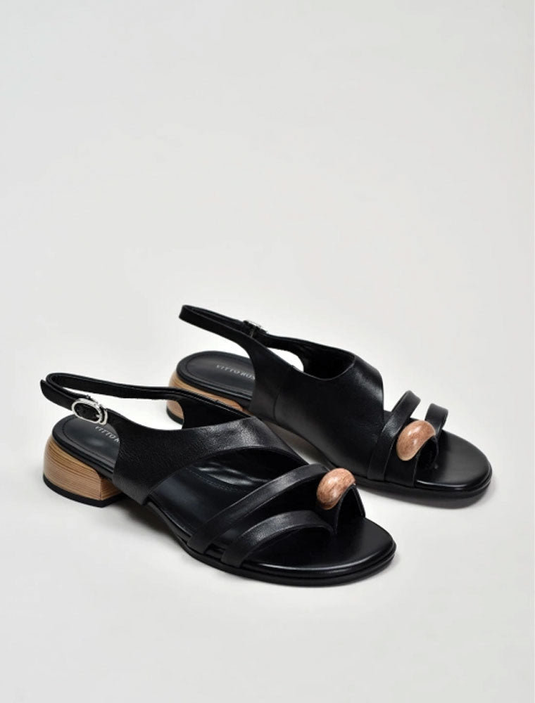 Toe Ring Sandal with Wooden Detail, Black