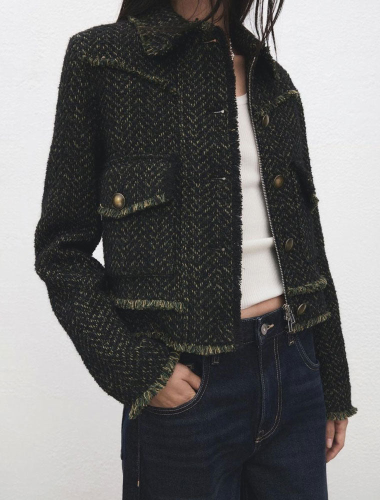 Tweed Jacket with Zipper & Patch Pockets, Green
