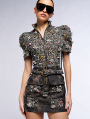 Tweed Mini Dress with Embellishments, Gray