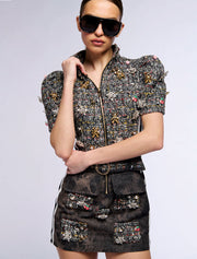 Tweed Mini Dress with Embellishments, Gray
