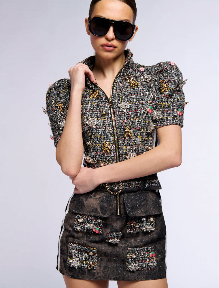 Tweed Mini Dress with Embellishments, Gray