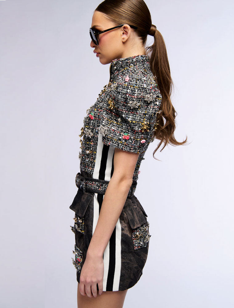 Tweed Mini Dress with Embellishments, Gray