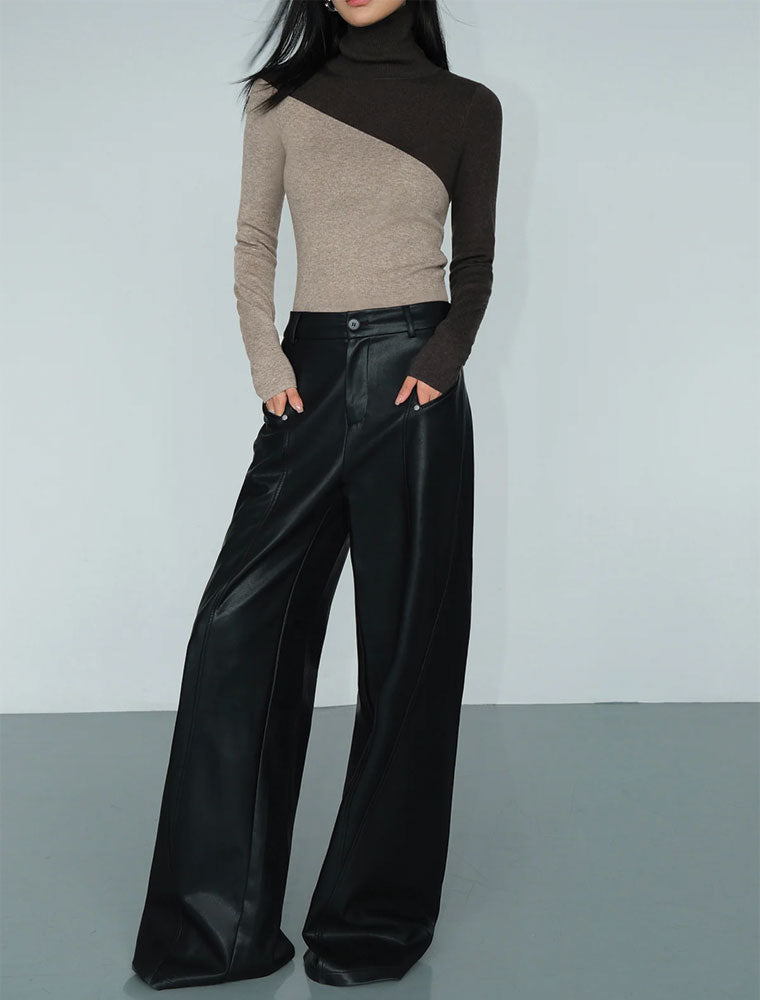 Two Tone Asymmetrical Turtleneck, Brown