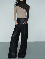 Two Tone Asymmetrical Turtleneck, Brown