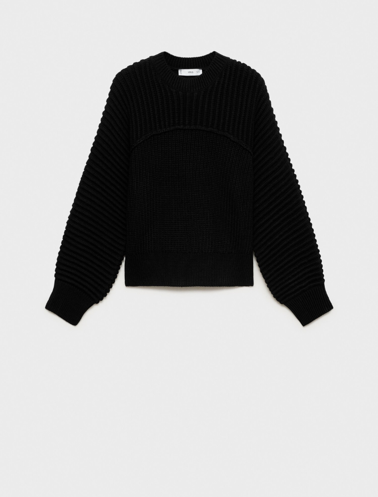 Shoulder Ribbed Crewneck Sweater, Black