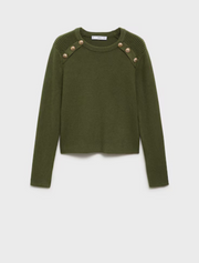 Round Neck Sweater with Gold Shoulder Buttons, Olive