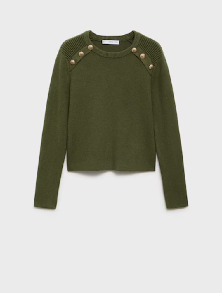 Round Neck Sweater with Gold Shoulder Buttons, Olive