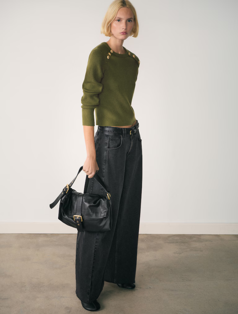 Round Neck Sweater with Gold Shoulder Buttons, Olive