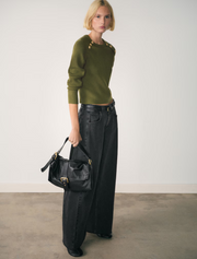 Round Neck Sweater with Gold Shoulder Buttons, Olive