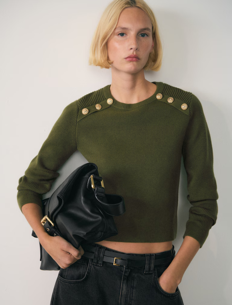 Round Neck Sweater with Gold Shoulder Buttons, Olive