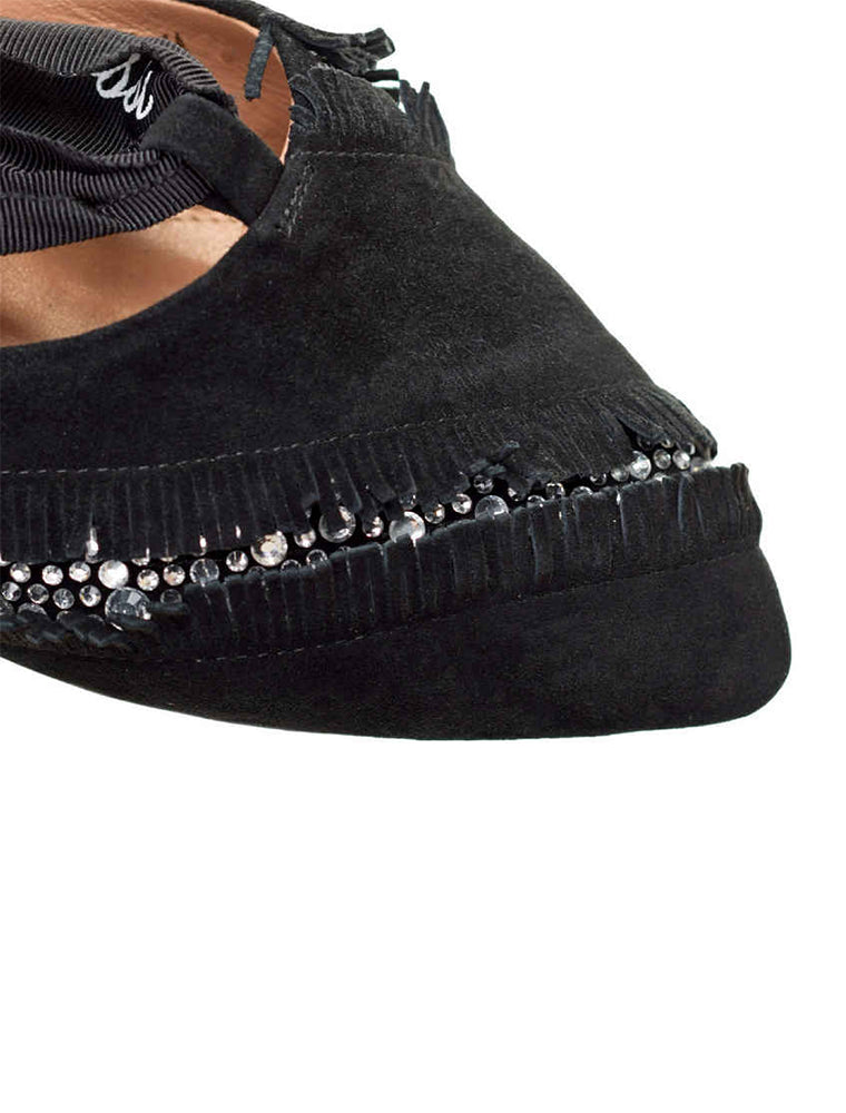 VR Tie Crystal Suede Slingback Flats, Black