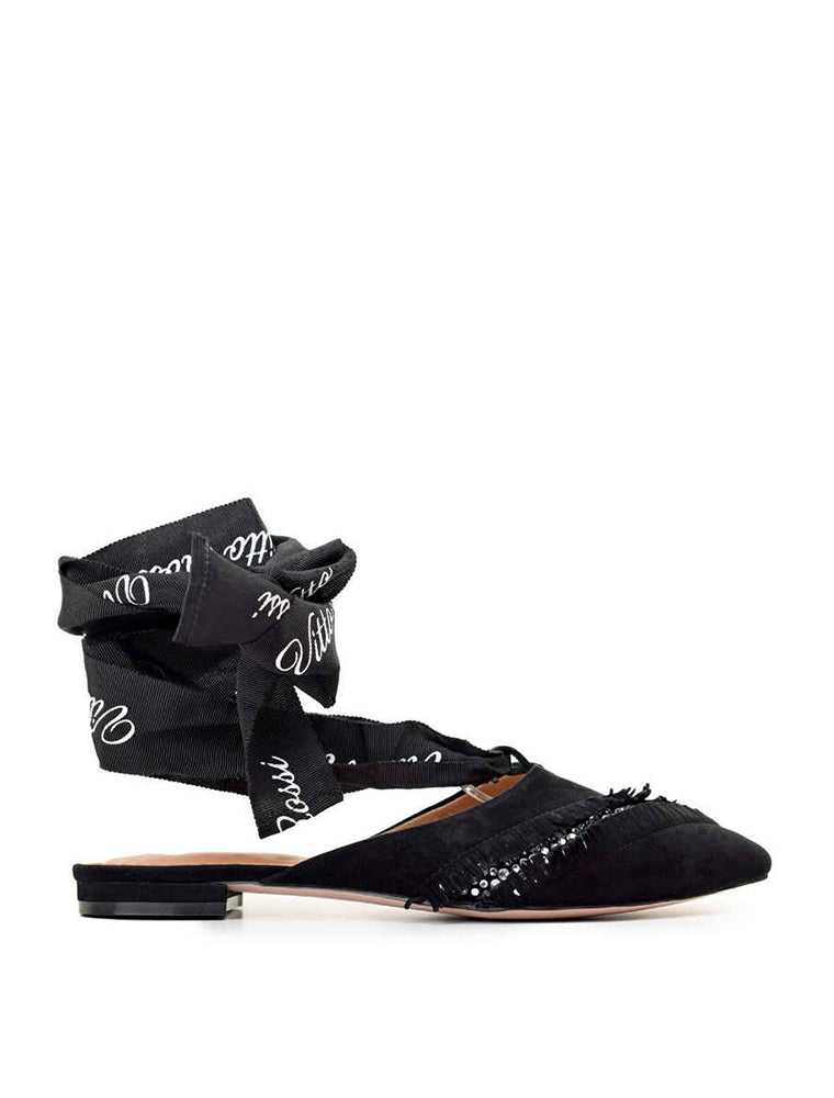 VR Tie Crystal Suede Slingback Flats, Black