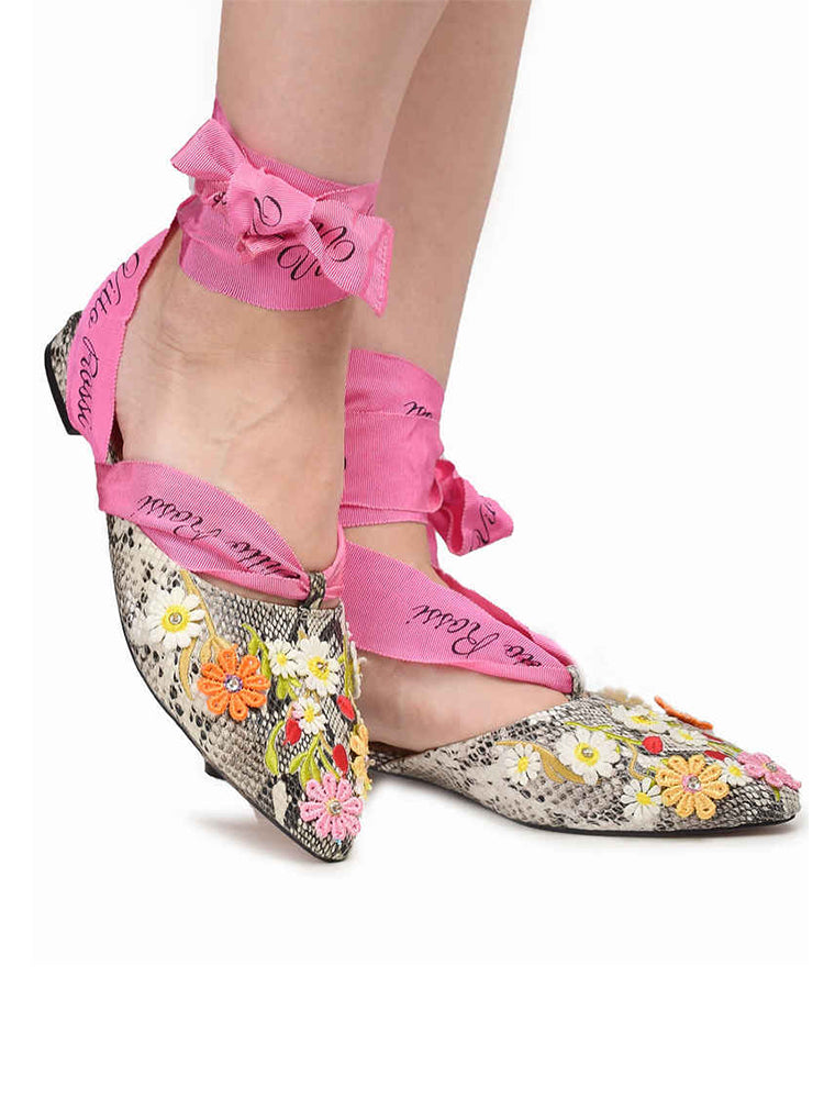 VR Tie Embroidered Python Slingback Flats, Multicolor
