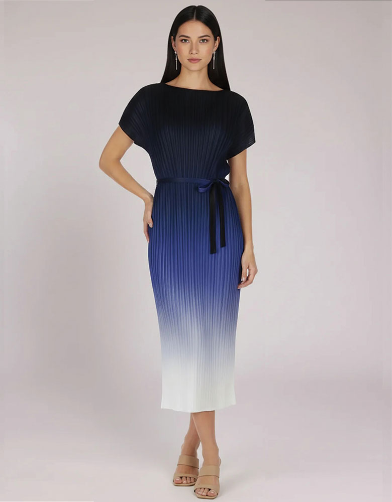 Valentina Ombre Plissé Satin Dress, Royal Blue