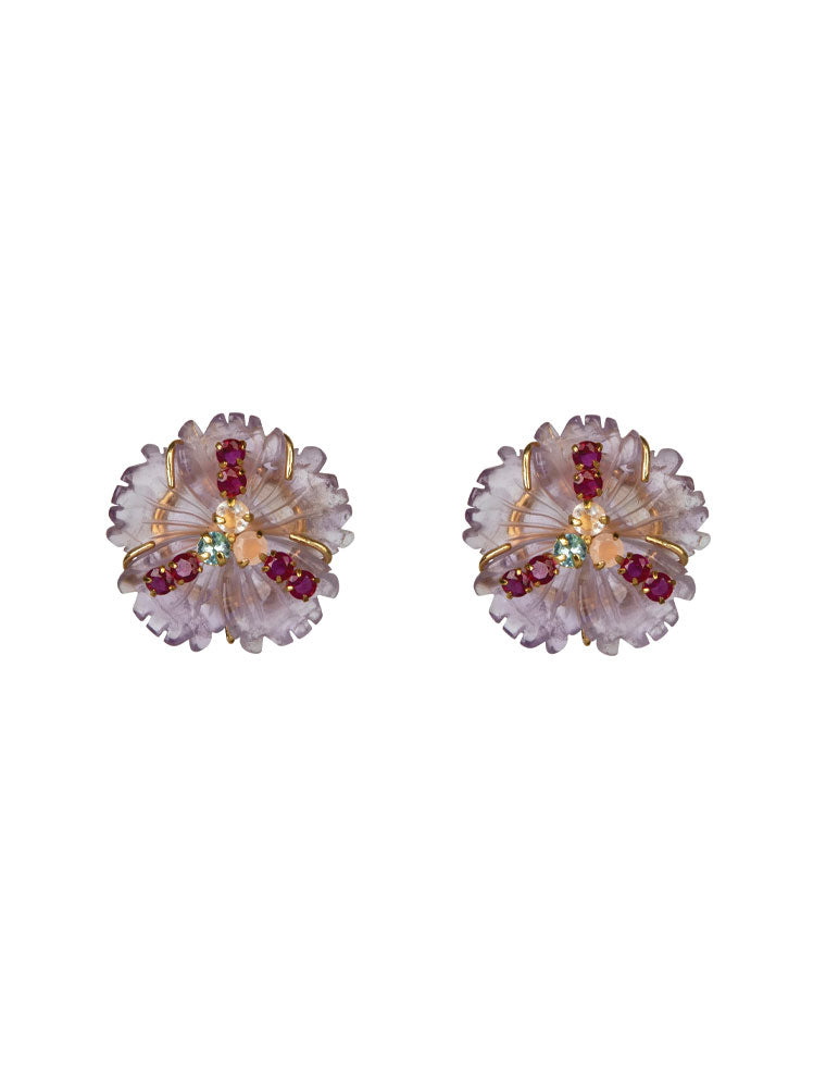 Valeria Studs, Lolite, Peridot & Carved Mother of PearL, 14K Gold Plated