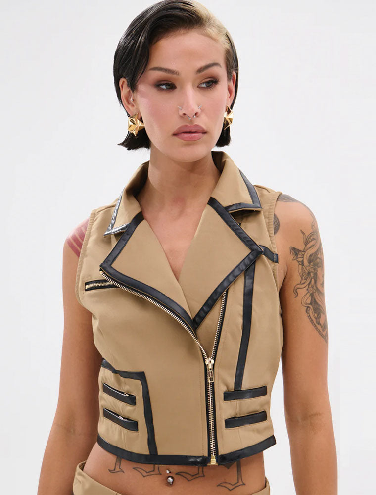 Vegan Leather Detail Vest, Beige