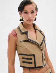 Vegan Leather Detail Vest, Beige