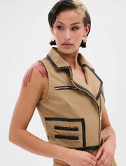 Vegan Leather Detail Vest, Beige