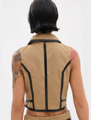 Vegan Leather Detail Vest, Beige