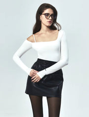 Vegan Leather Mini Skirt with Ties, Black