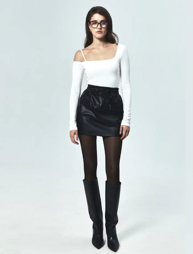 Vegan Leather Mini Skirt with Ties, Black