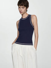 White Detail Ribbed Tank Top, Navy Blue