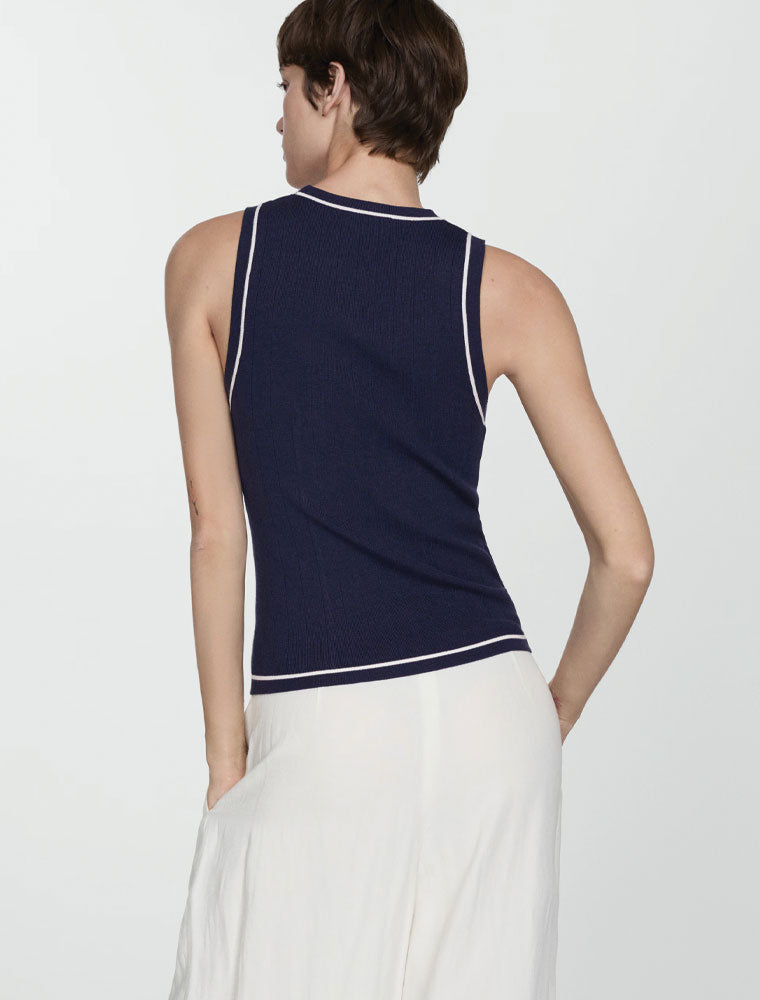 White Detail Ribbed Tank Top, Navy Blue