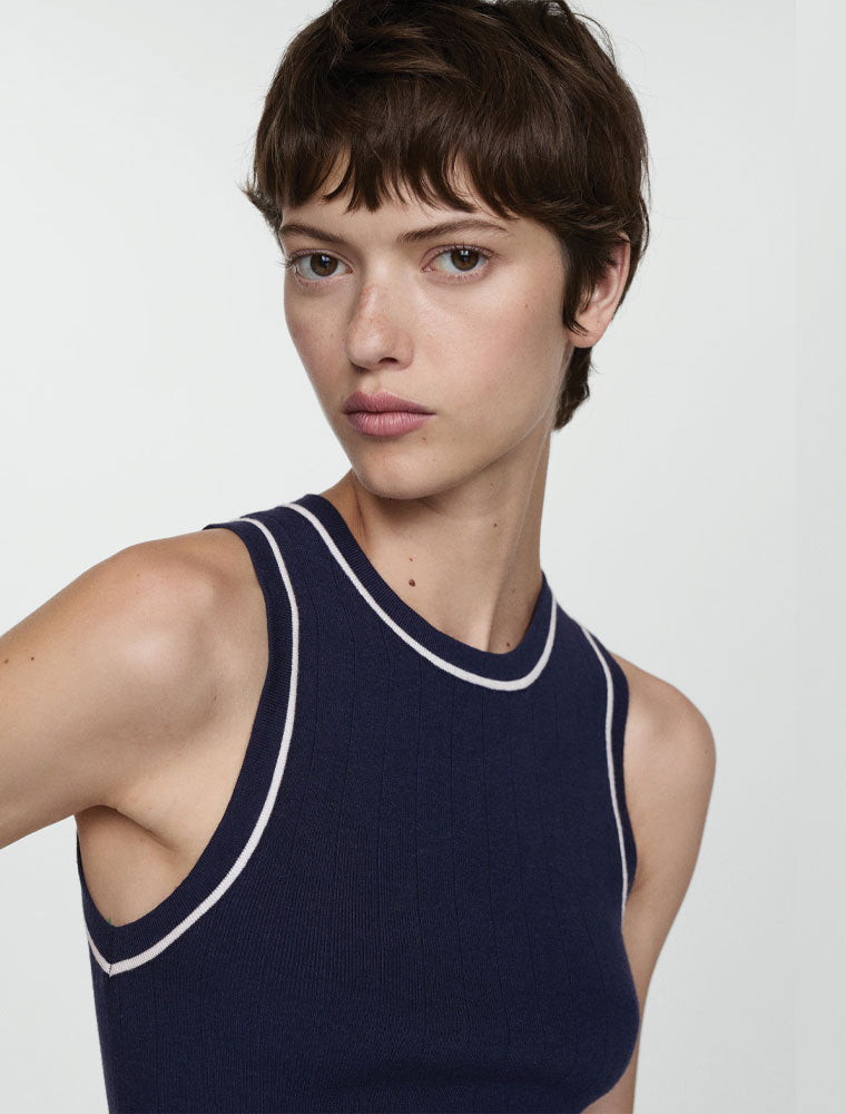 White Detail Ribbed Tank Top, Navy Blue