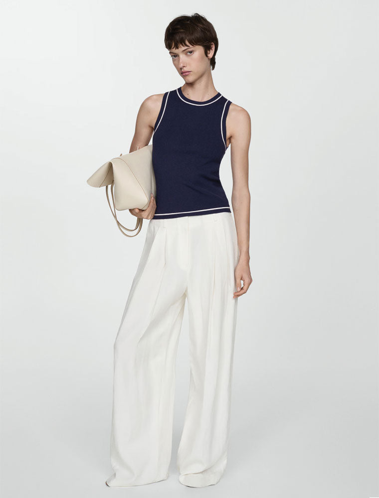 White Detail Ribbed Tank Top, Navy Blue