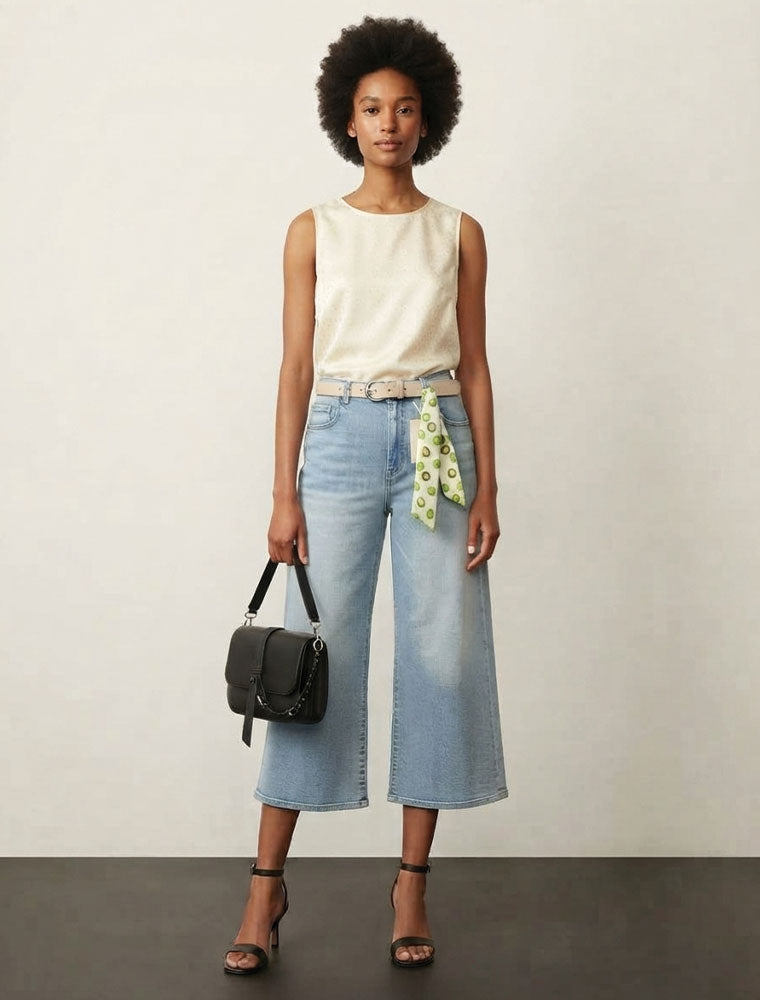 Wide Leg Denim Capri Pants, Light Blue