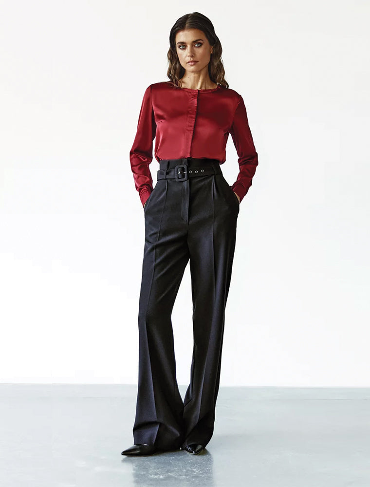 Women's Classic Round Neckline Silk Blouse, Burgundy