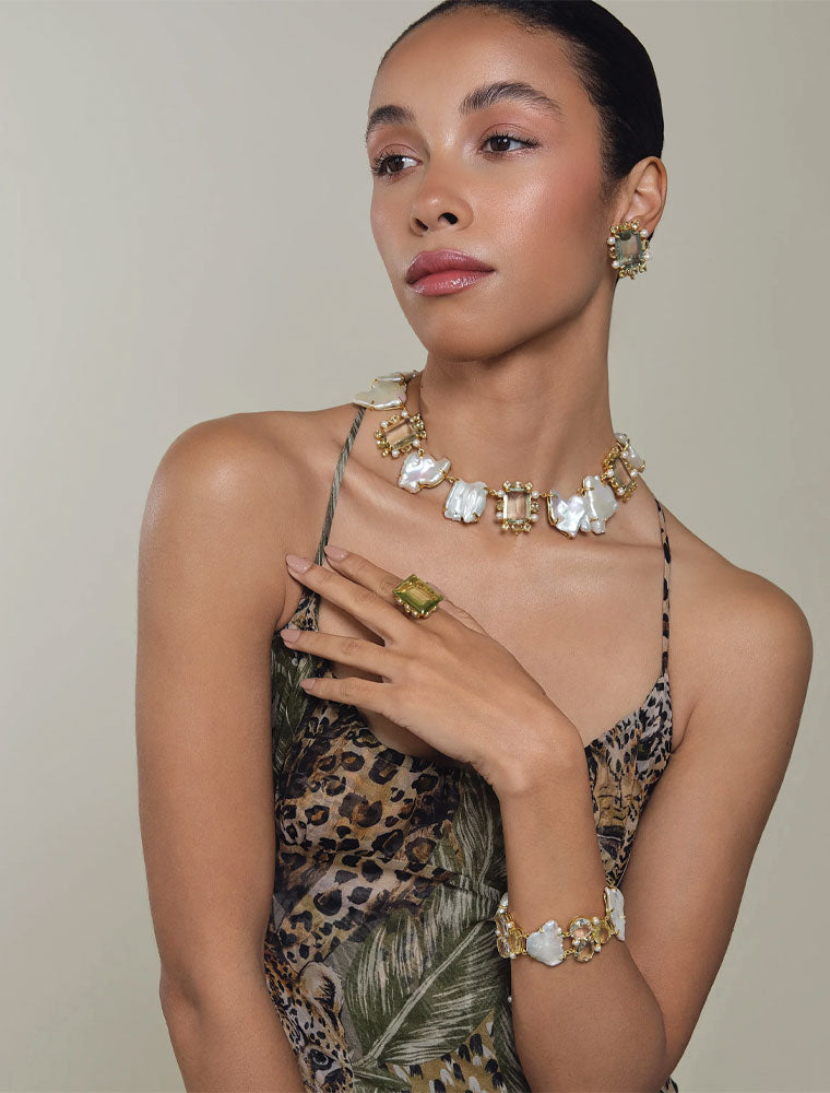 Armani Bracelet, Lemon Quartz, Green Amethyst & Kashi Pearls, 14K Gold Plated