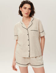 Short Sleeve Striped Pajama Set with Shorts, Beige
