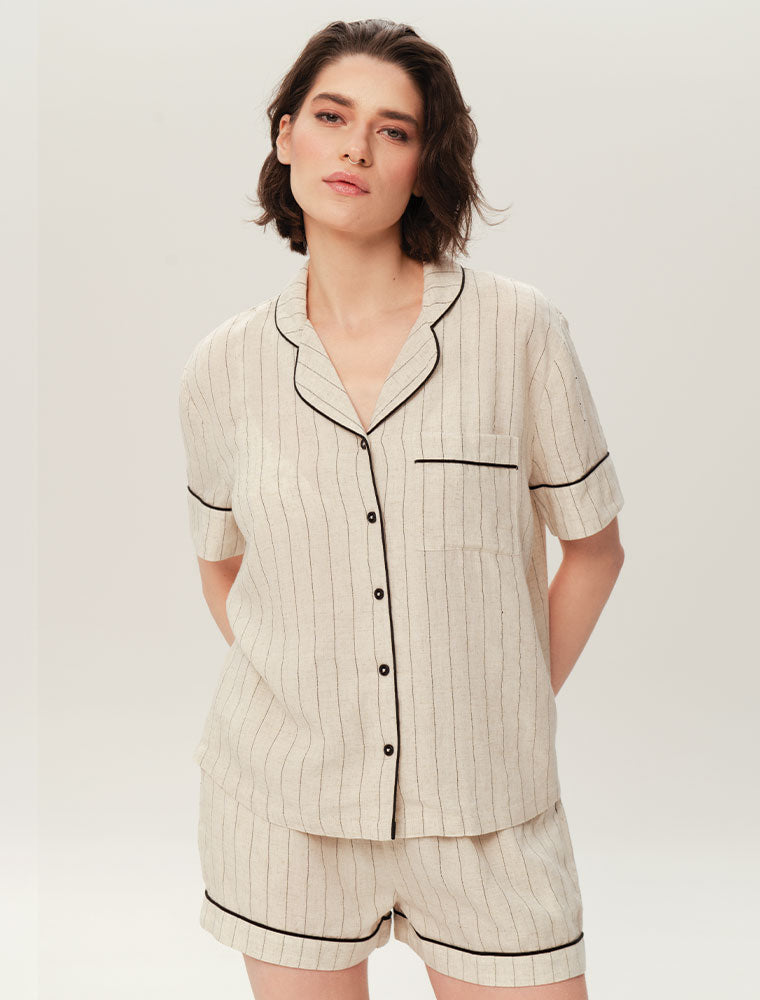 Short Sleeve Striped Pajama Set with Shorts, Beige