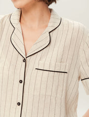 Short Sleeve Striped Pajama Set with Shorts, Beige