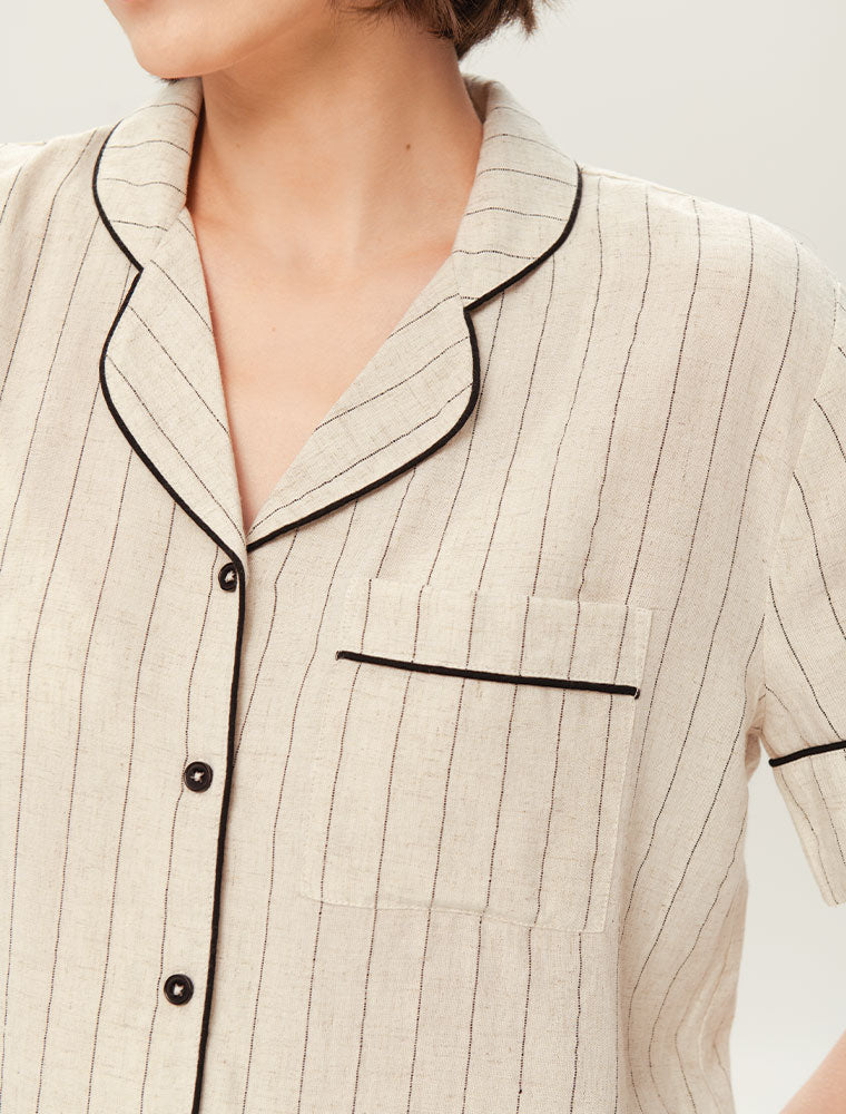 Short Sleeve Striped Pajama Set with Shorts, Beige