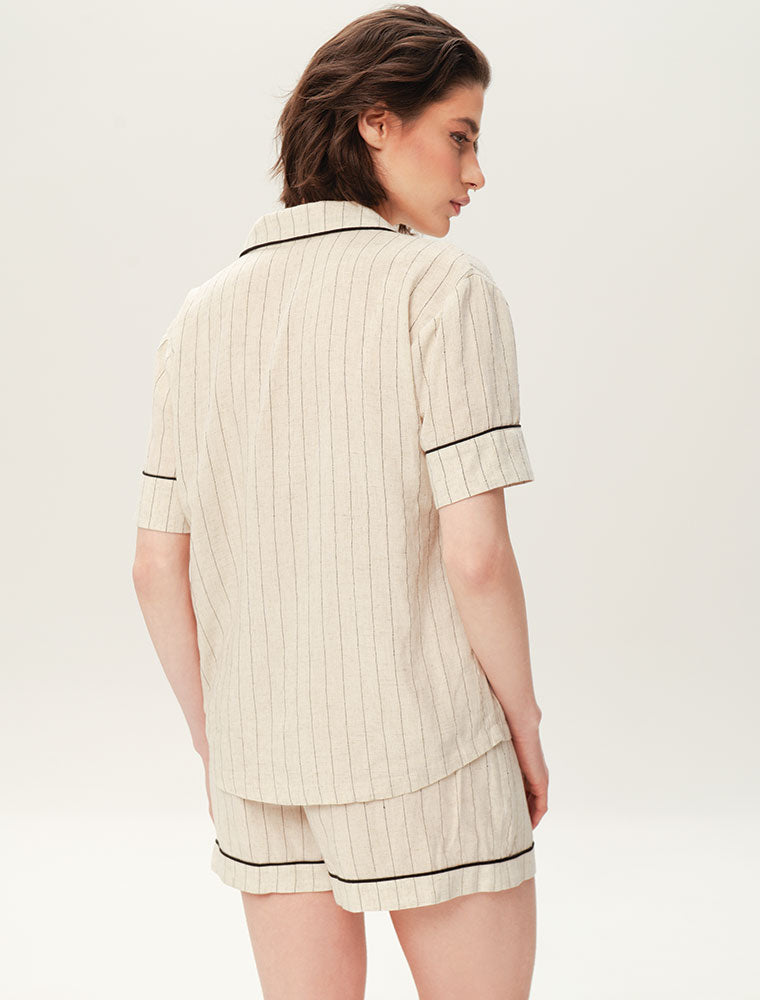 Short Sleeve Striped Pajama Set with Shorts, Beige