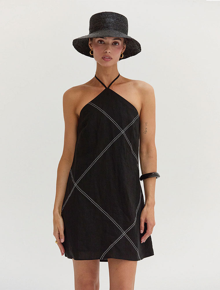 Contrast Stitch Halter Linen Mini Dress, Black