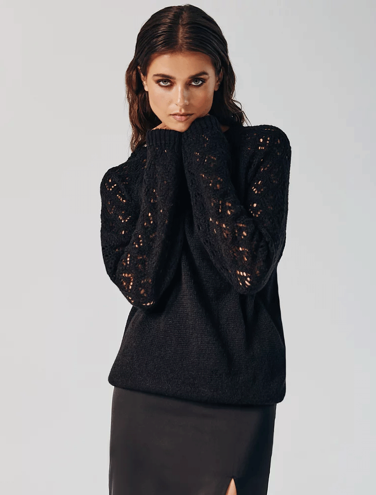 Knit Loose Jumper with Reglan Cut Sleeves, Black