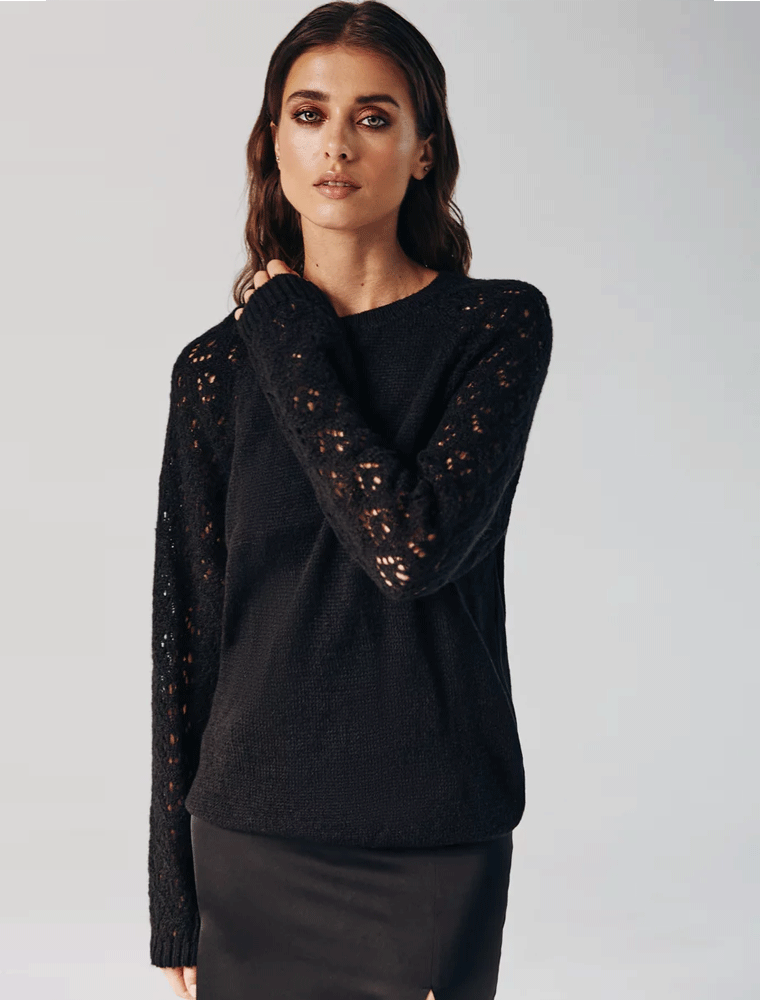 Knit Loose Jumper with Reglan Cut Sleeves, Black