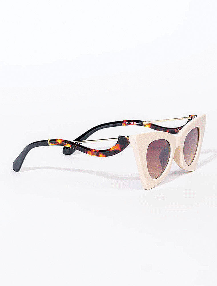 Plastic Cat-Eye Frame Sunglasses, Cream