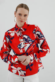 Patterned Long Sleeve Blouse, Red
