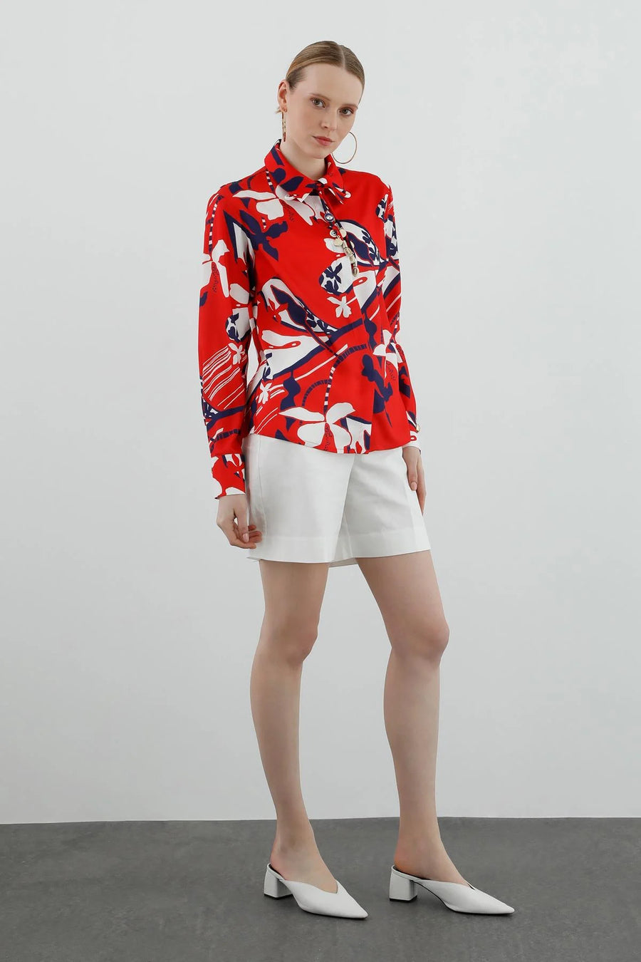 Patterned Long Sleeve Blouse, Red