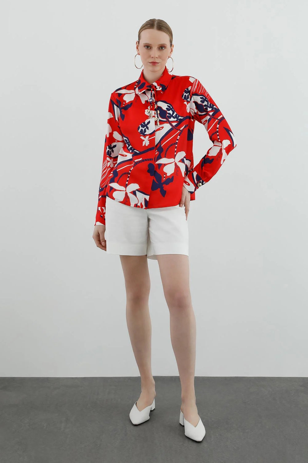 Patterned Long Sleeve Blouse, Red