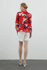 Patterned Long Sleeve Blouse, Red