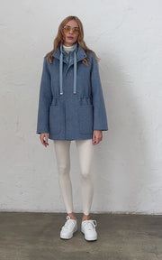 Herringbone Drawstring Wool Coat, Blue