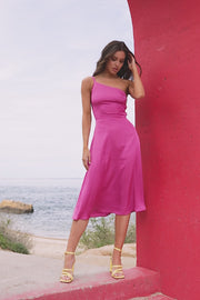 Asymmetrical One-Shoulder Midi Dress, Fuchsia