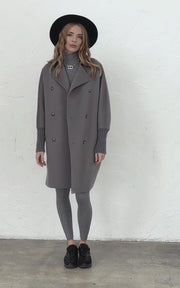 Double-Breasted Cocoon Wool Coat with Knit Cuffs, Grey