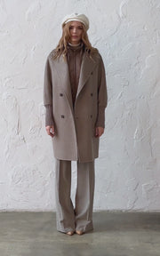 Double-Breasted Cocoon Wool Coat with Knit Cuffs, Beige