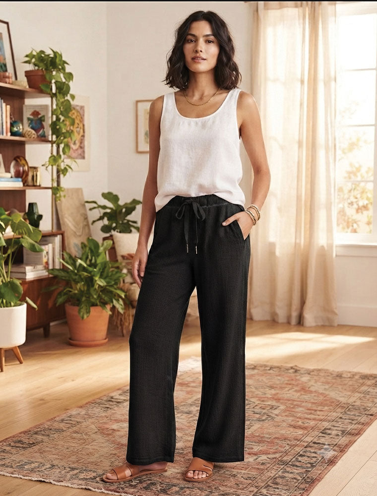 Straight Cut Pant with Satin Trim, Beige